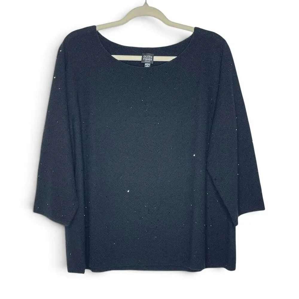 Eileen Fisher Minimalist Beaded Sweater Black 100% Merino Wool Women’s Size 1X